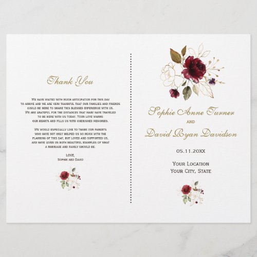 Elegant Burgundy Gold Flowers Wedding Program