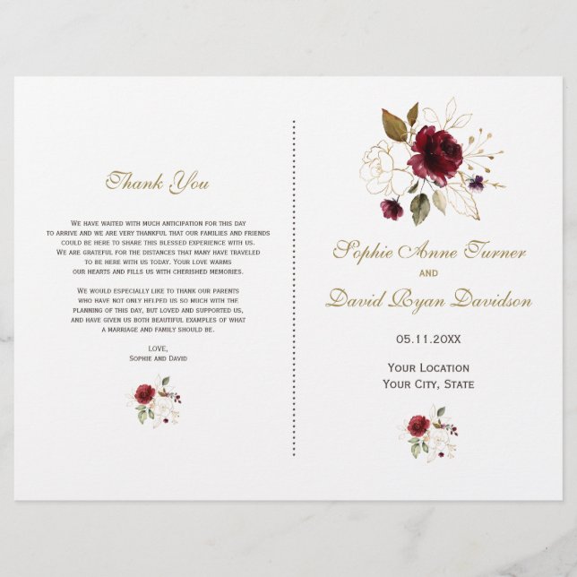 Elegant Burgundy Gold Flowers Wedding Program (Front)