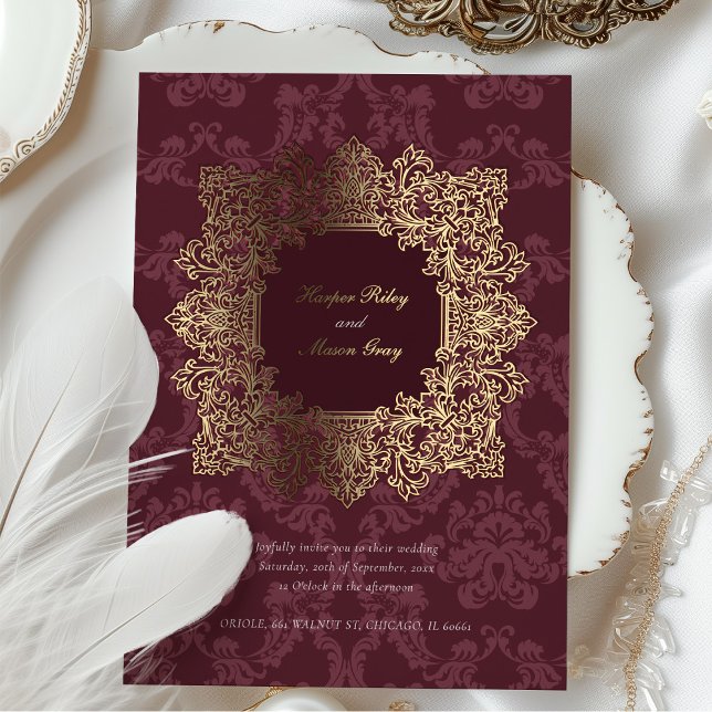 Elegant Burgundy Gold Foil Baroque Wedding Foil Invitation (Creator Uploaded)
