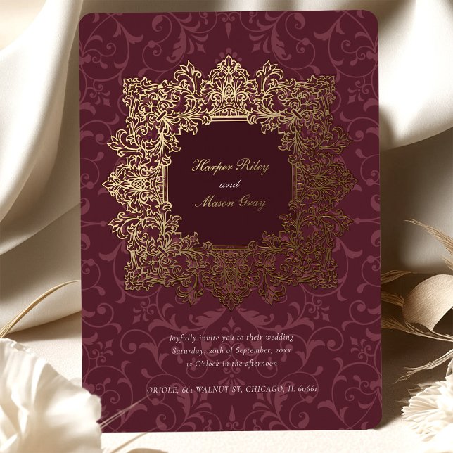 Elegant Burgundy Gold Foil Baroque Wedding Invitation (Creator Uploaded)