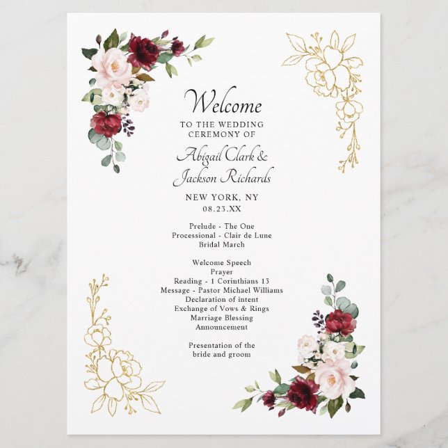 Elegant Burgundy Gold Foil Floral Wedding Ceremony Program (Front)