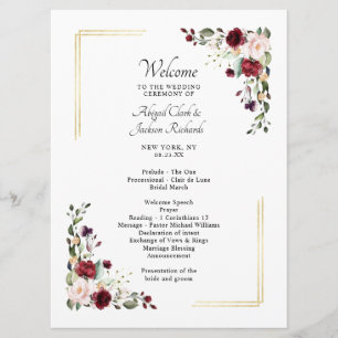 Elegant Burgundy Gold Foil Floral Wedding Ceremony Program
