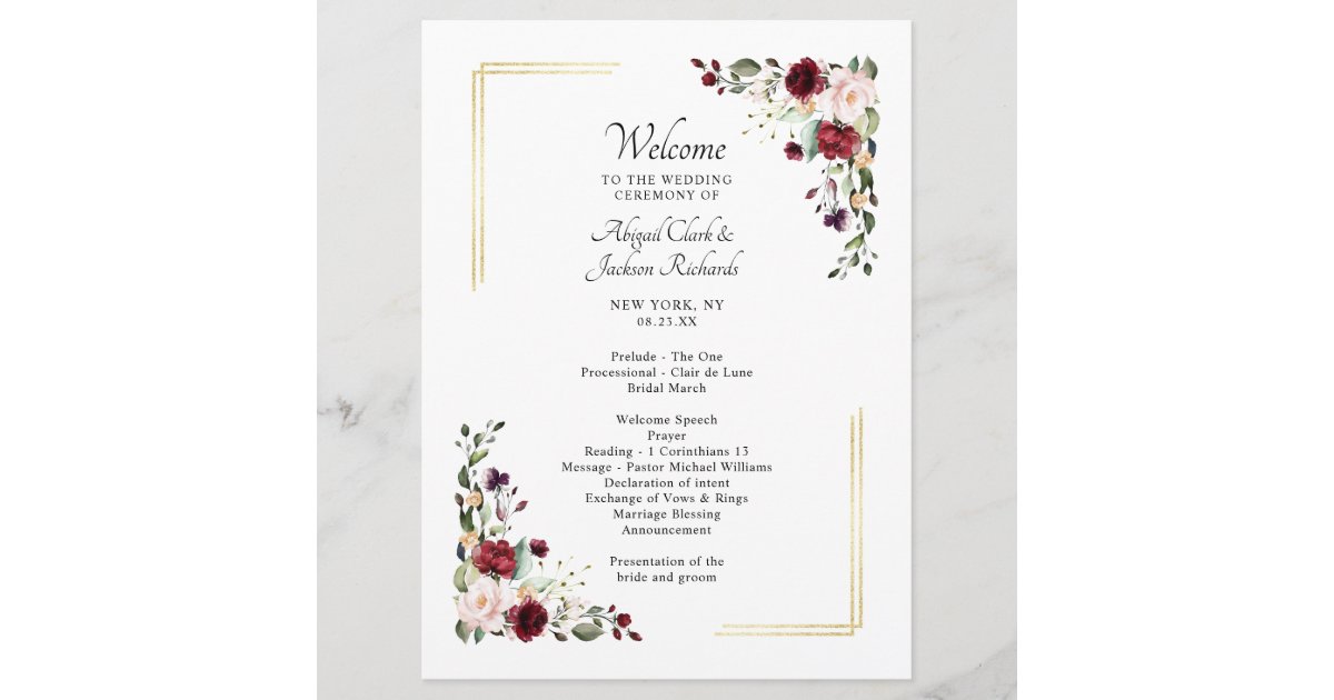 Elegant Burgundy Gold Foil Floral Wedding Ceremony Program Zazzle Com