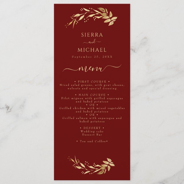 Elegant Burgundy Gold Foliage Wedding Reception Menu (Front)