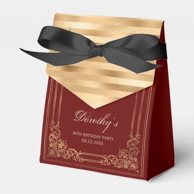 Elegant Burgundy Gold Framed Script Birthday Favor Boxes (Front Side)