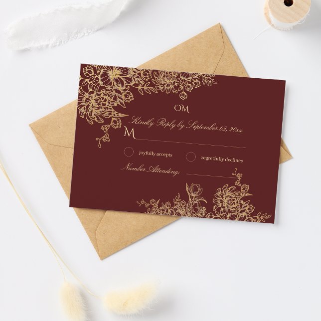 Elegant Burgundy & Gold Garden Floral Wedding RSVP Card (Creator Uploaded)