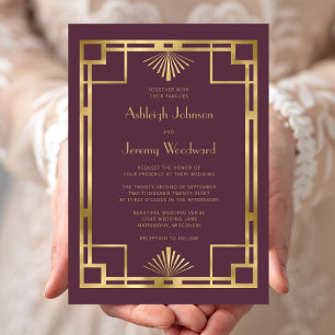Elegant Burgundy Gold Geometric Deco Wedding Invitation