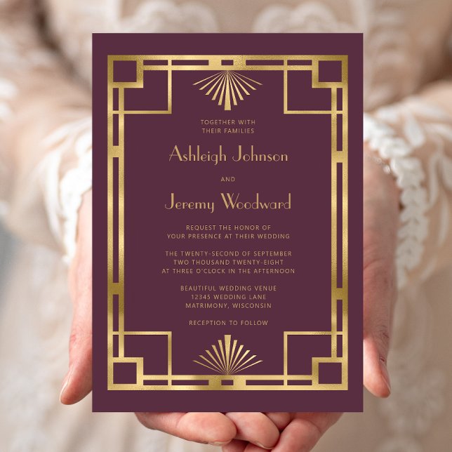 Elegant Burgundy Gold Geometric Deco Wedding Invitation (Creator Uploaded)