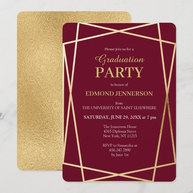Elegant Burgundy Gold Geometric Graduation Party Invitation (Front/Back)