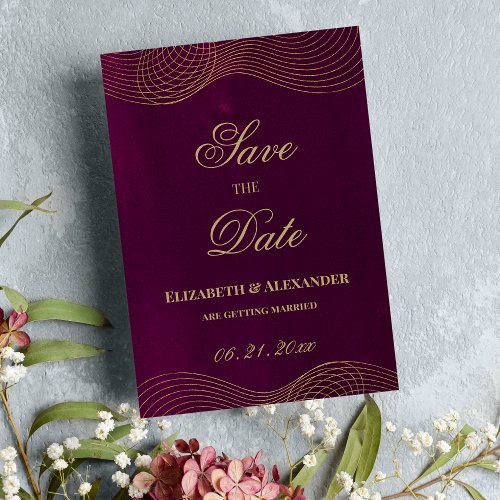 Elegant burgundy gold geometric Save the Date Invitation
