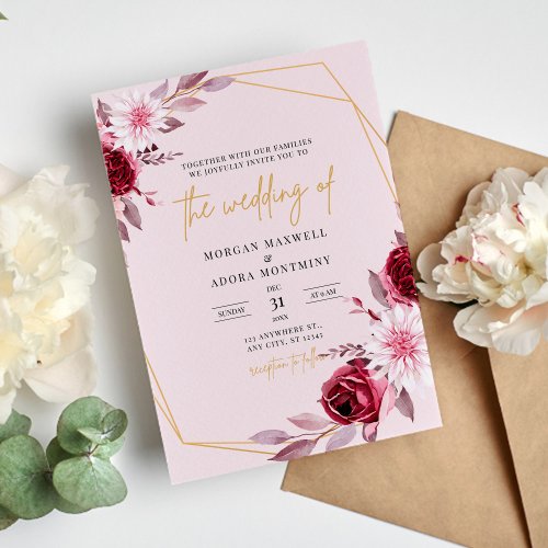 Elegant Burgundy Gold Geometric Wedding Invitation