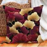 Elegant Burgundy Gold Ginko Leaves Black Throw Pillow