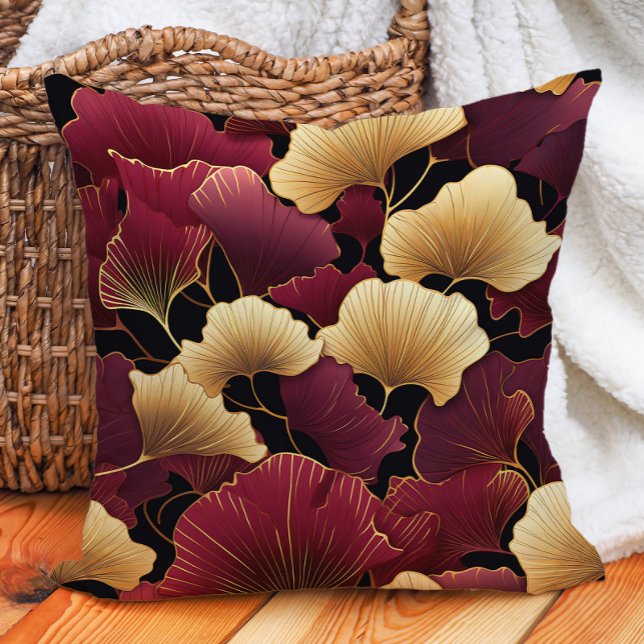 Elegant Burgundy Gold Ginko Leaves Black Throw Pillow (Elegant burgundy and gold ginko on black decorator pillow)