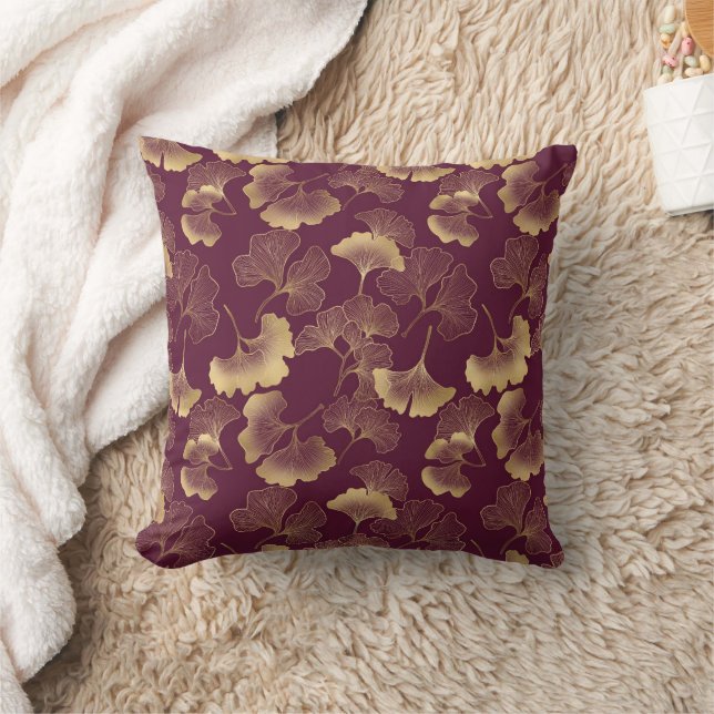 Elegant Burgundy Gold Ginko Leaves  Throw Pillow (Blanket)