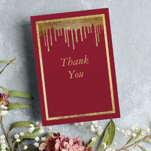 Elegant burgundy gold glitter drips 50th Birthday Letterpress Thank You Card