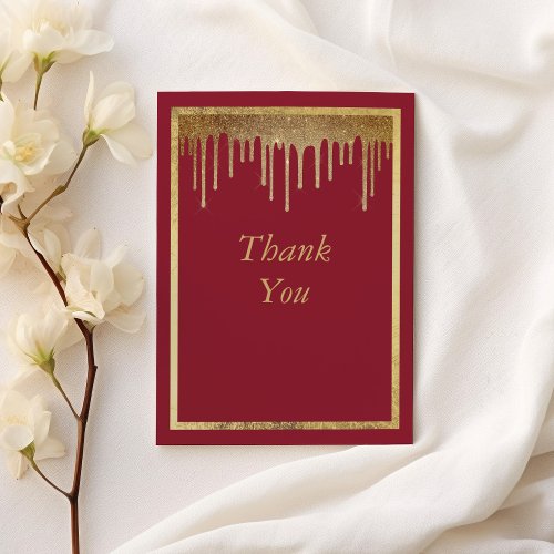 Elegant burgundy gold glitter drips 50th Birthday Thank You Card