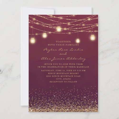 Elegant Burgundy Gold Glitter String Light Wedding Invitation