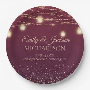 Elegant Burgundy Gold Glitter String Light Wedding Paper Plates