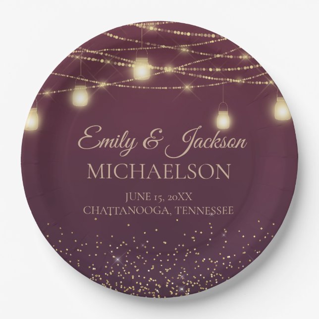 Elegant Burgundy Gold Glitter String Light Wedding Paper Plates (Front)