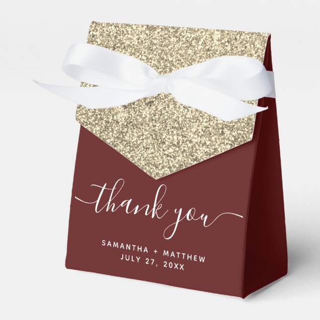 Elegant Burgundy Gold Glitter Thank You Wedding Favor Boxes (Front Side)