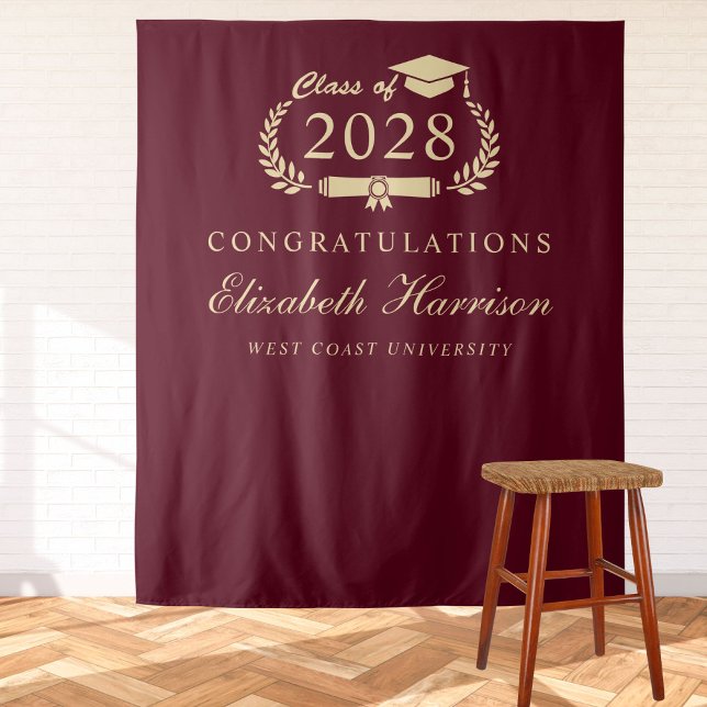 Elegant Burgundy Gold Graduation Party Welcome Tapestry (Creator Uploaded)
