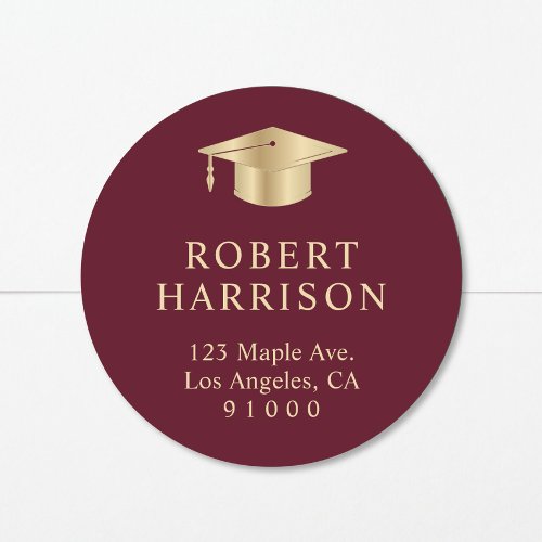 Elegant Burgundy Gold Graduation Return Address Classic Round Sticker