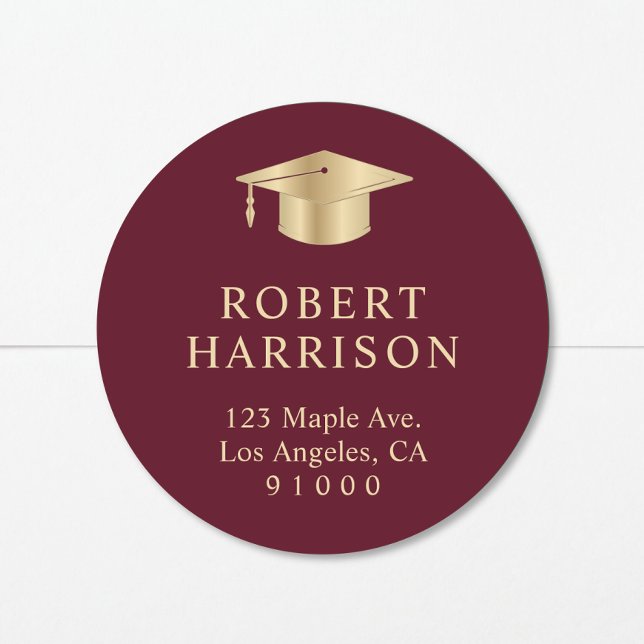 Elegant Burgundy Gold Graduation Return Address Classic Round Sticker (Creator Uploaded)