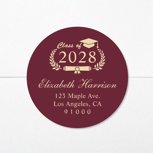 Elegant Burgundy Gold Graduation Return Address Classic Round Sticker