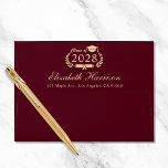 Elegant Burgundy Gold Graduation Return Address Envelope<br><div class="desc">Elegant burgundy red graduation return address envelope. The back flap features "Class of" and the year in a light gold illustration of laurel wreath with a grad cap and diploma and the graduate's name in a gold script and address in gold modern typography.</div>