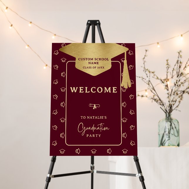 Elegant Burgundy Gold Graduation Welcome Sign (In Situ (Stand))