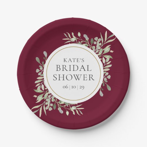 Elegant Burgundy Gold Greenery Bridal Shower Paper Plates