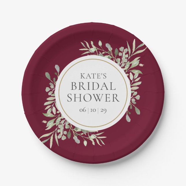 Elegant Burgundy Gold Greenery Bridal Shower Paper Plates (Front)