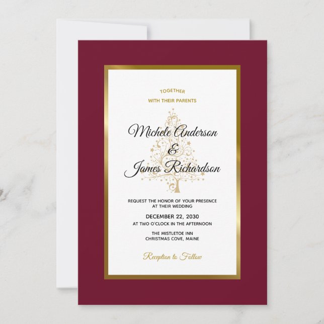 Elegant Burgundy Gold Holiday Winter Wedding Invitation (Front)