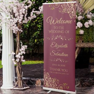 Elegant Burgundy & Gold Lacy Wedding Welcome Retractable Banner