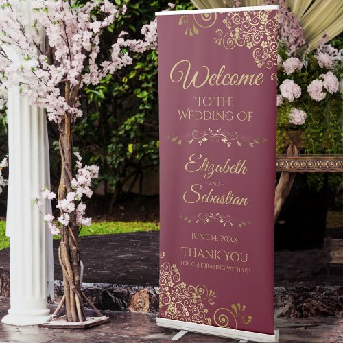 Elegant Burgundy  Gold Lacy Wedding Welcome Retractable Banner