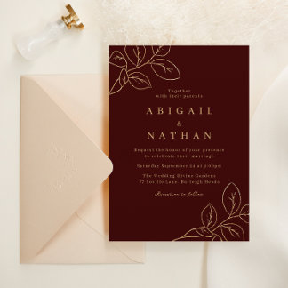 Elegant Burgundy & Gold Leaf Wedding Invitation