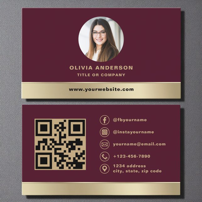 Elegant Burgundy Gold Logo QR Code Photo Business Card (Creator Uploaded)