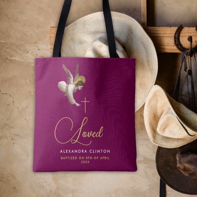 Elegant Burgundy Gold Love Angel Calligraphy Typo Tote Bag (Creator Uploaded)
