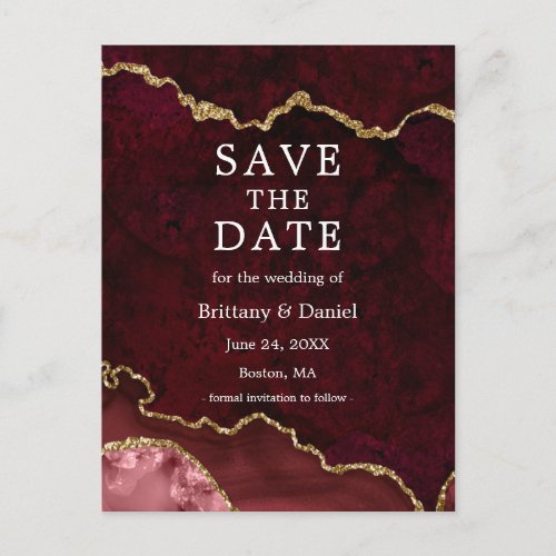 Elegant Burgundy Gold Marble Geode Save The Date Announcement Postcard