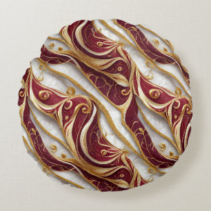 Elegant Burgundy & Gold Marble Round Throw Pillow