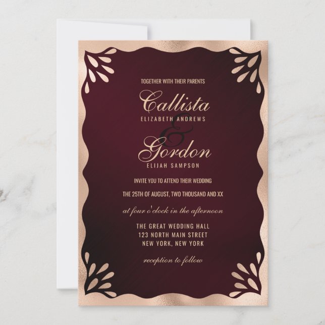 Elegant Burgundy Gold Metallic Wavy Border Wedding Invitation (Front)