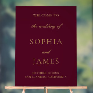 Elegant Burgundy Gold Minimalist Wedding Acrylic Sign