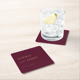 Elegant Burgundy Gold Minimalist Wedding Square Paper Coaster