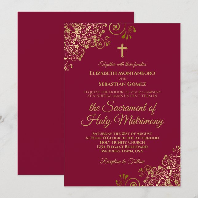 Elegant Burgundy & Gold Modern Catholic Wedding Invitation (Front/Back)