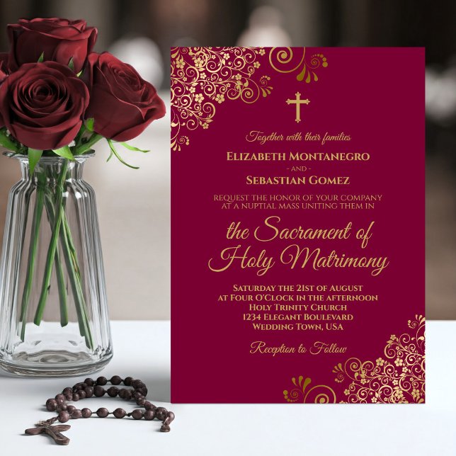 Elegant Burgundy & Gold Modern Catholic Wedding Invitation (Creator Uploaded)