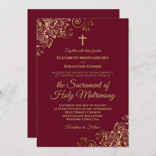 Elegant Burgundy  Gold Modern Catholic Wedding Invitation