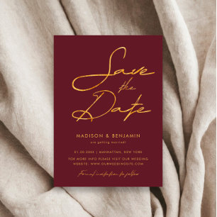Elegant Burgundy Gold Modern Typography Wedding Save The Date