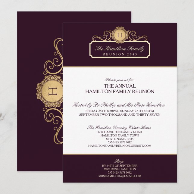Elegant Burgundy Gold Monogram Family Reunion Invitation (Front/Back)
