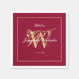 Elegant Burgundy Gold Monogram Names Chic Wedding Napkins