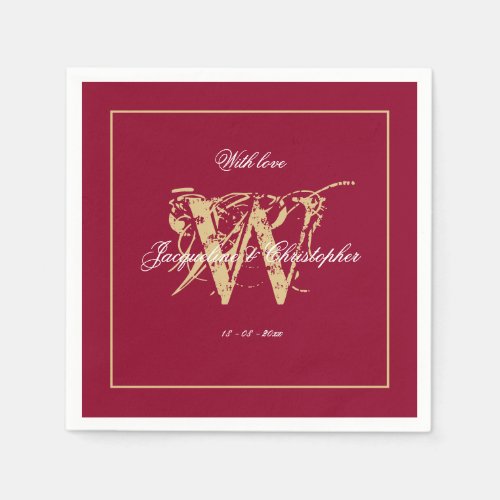 Elegant Burgundy Gold Monogram Names Chic Wedding  Napkins